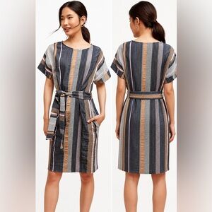 Anthropologie Striped Belted Pocket Dress Cotton Blend Navy Pink Tan L